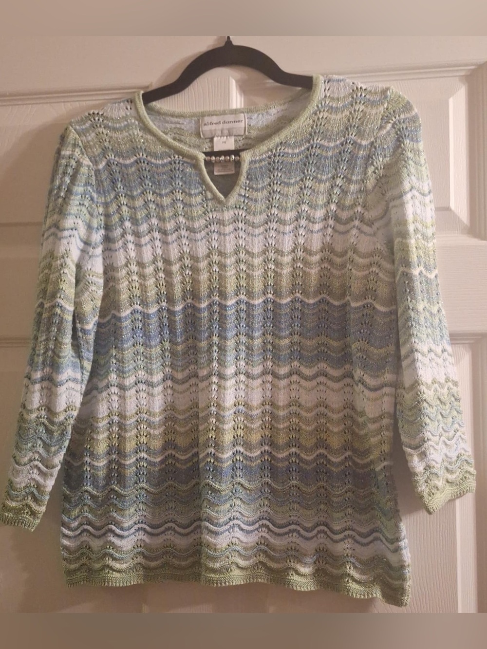 Alfred Dunner Top Size PS Beads Beautiful Blue/Green Floral 3/4 Sleeves